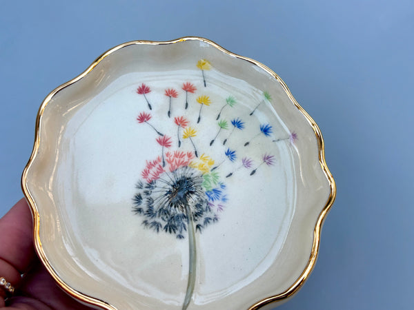 Rainbow Dandelion Seed Head,  Ceramic Dish with Gold Accents - Vuvu Ceramics