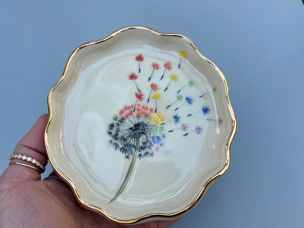 Rainbow Dandelion Seed Head,  Ceramic Dish with Gold Accents - Vuvu Ceramics