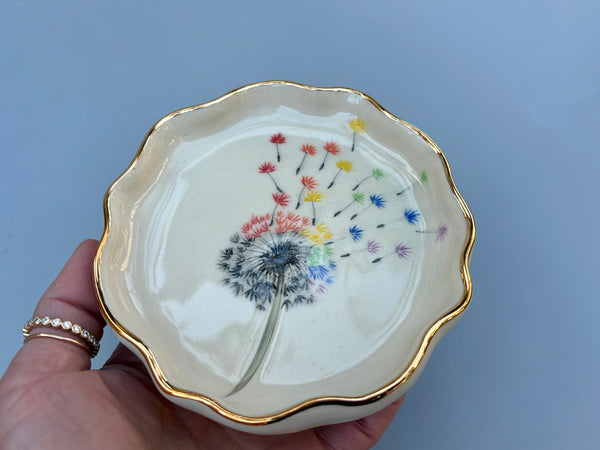 Rainbow Dandelion Seed Head,  Ceramic Dish with Gold Accents - Vuvu Ceramics