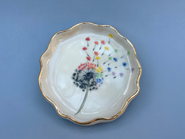 Rainbow Dandelion Seed Head,  Ceramic Dish with Gold Accents - Vuvu Ceramics