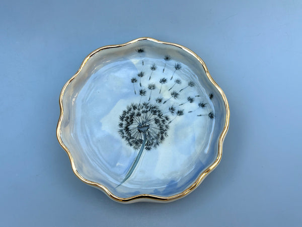Blue Dandelion Seed Head, Ceramic Dish with Gold Accents - Vuvu Ceramics