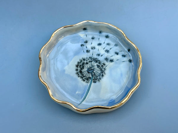 Blue Dandelion Seed Head, Ceramic Dish with Gold Accents - Vuvu Ceramics