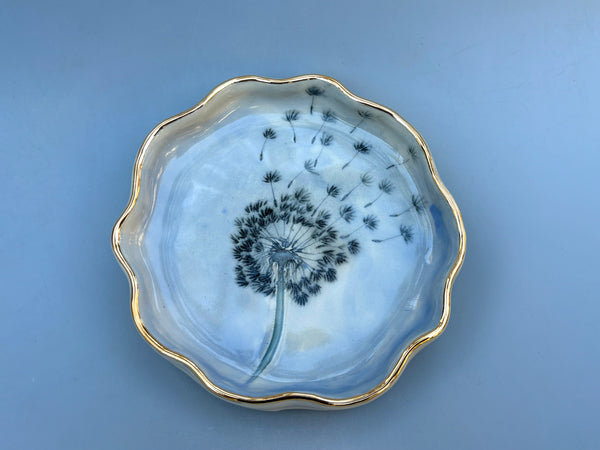 Blue Dandelion Seed Head, Ceramic Dish with Gold Accents - Vuvu Ceramics