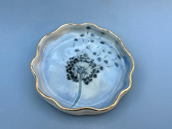 Blue Dandelion Seed Head, Ceramic Dish with Gold Accents - Vuvu Ceramics