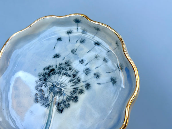 Blue Dandelion Seed Head, Ceramic Dish with Gold Accents - Vuvu Ceramics