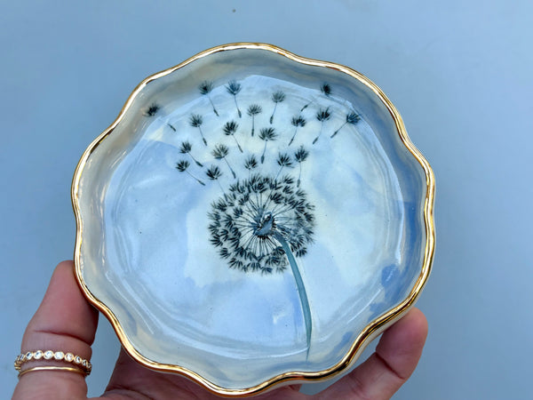 Blue Dandelion Seed Head, Ceramic Dish with Gold Accents - Vuvu Ceramics