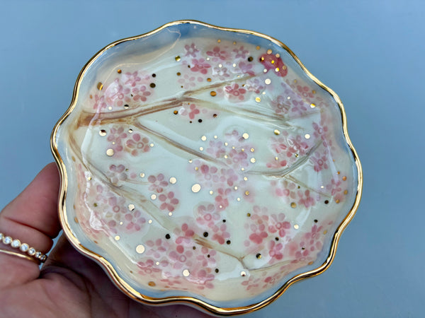 Cherry Blossom Jewelry Holder,  Ceramic Dish with Gold Accents - Vuvu Ceramics