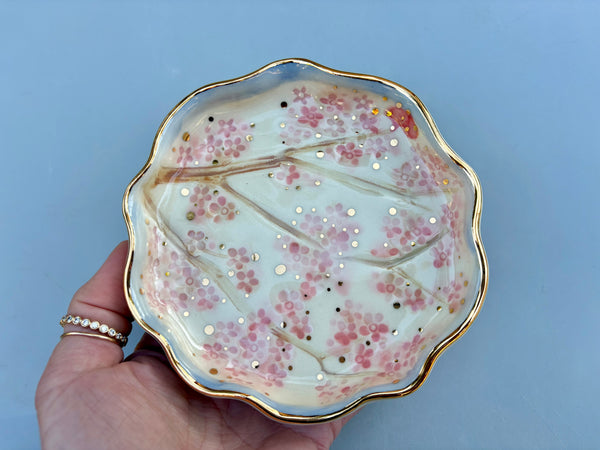 Cherry Blossom Jewelry Holder,  Ceramic Dish with Gold Accents - Vuvu Ceramics