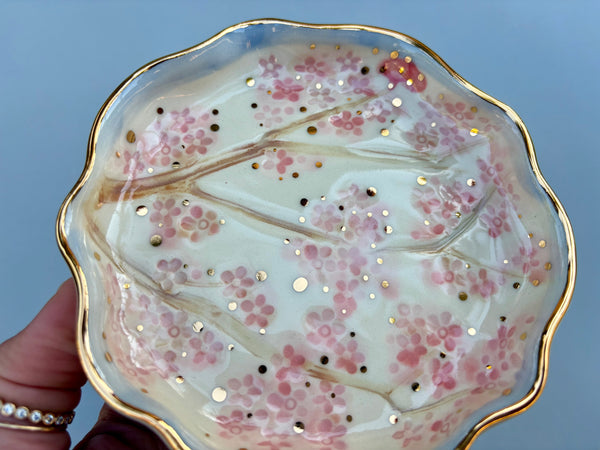 Cherry Blossom Jewelry Holder,  Ceramic Dish with Gold Accents - Vuvu Ceramics