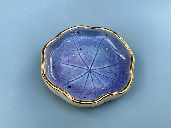 Small Periwinkle Blue Ceramic Leaf Dish with Gold Accents, Nasturtium lily pad
