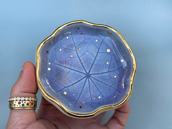 Small Periwinkle Blue Ceramic Leaf Dish with Gold Accents, Nasturtium lily pad
