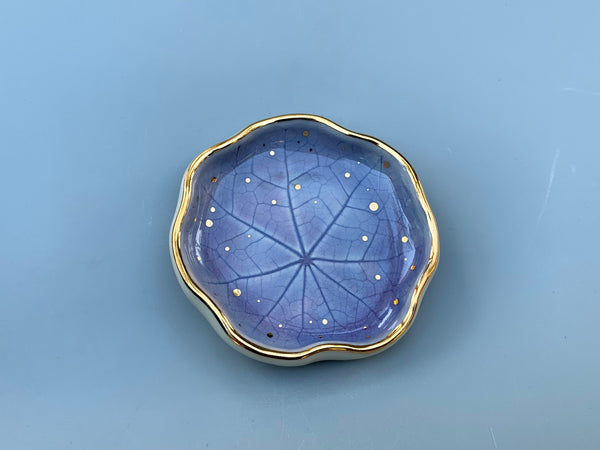 Small Periwinkle Blue Ceramic Leaf Dish with Gold Accents, Nasturtium lily pad