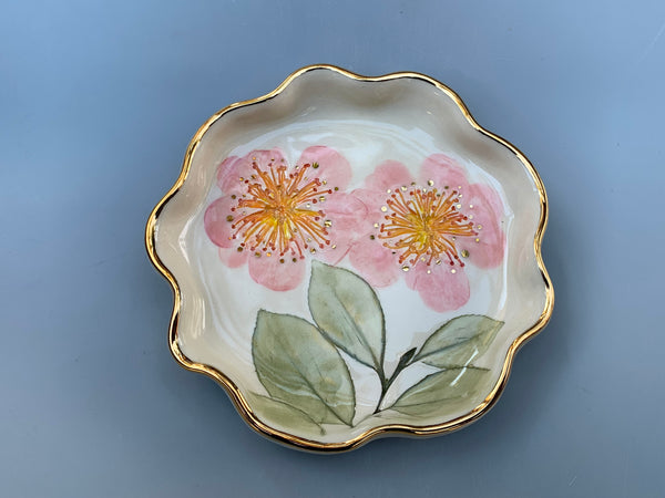 Pink Camellia (Sasanqua) Flower Jewelry Dish with Gold Accents