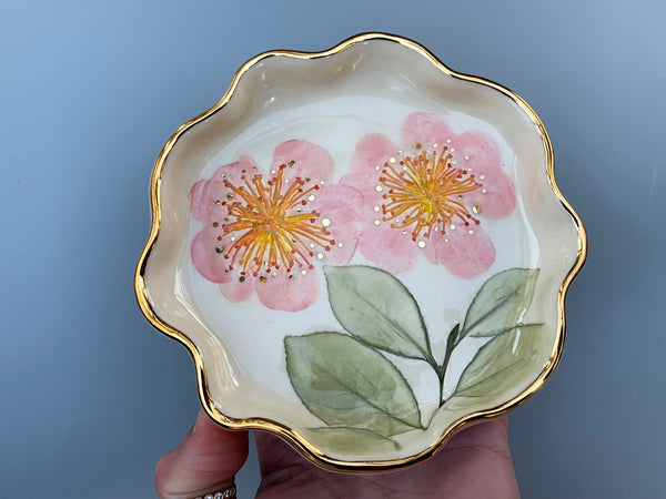 Pink Camellia (Sasanqua) Flower Jewelry Dish with Gold Accents