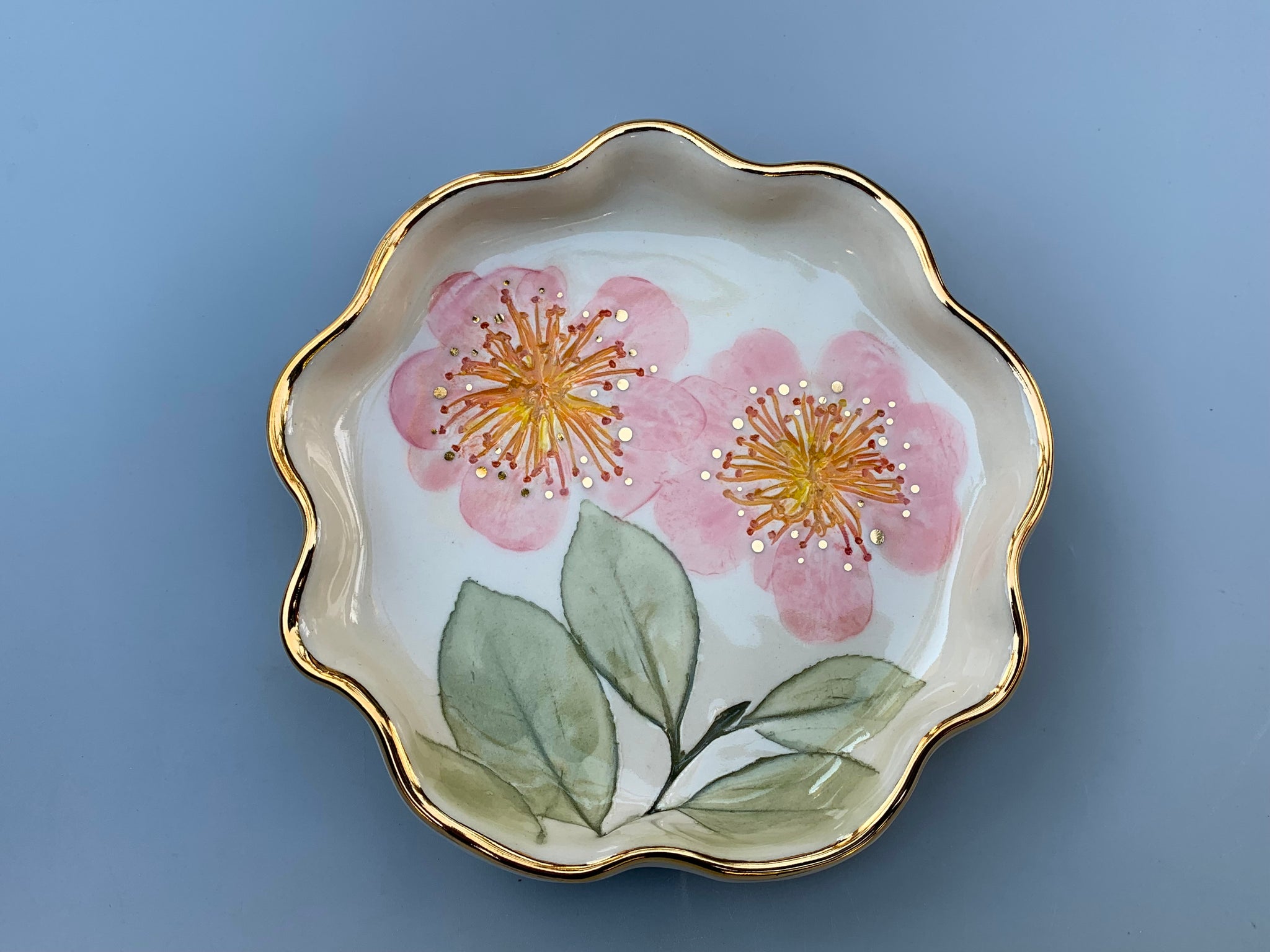 Pink Camellia (Sasanqua) Flower Jewelry Dish with Gold Accents