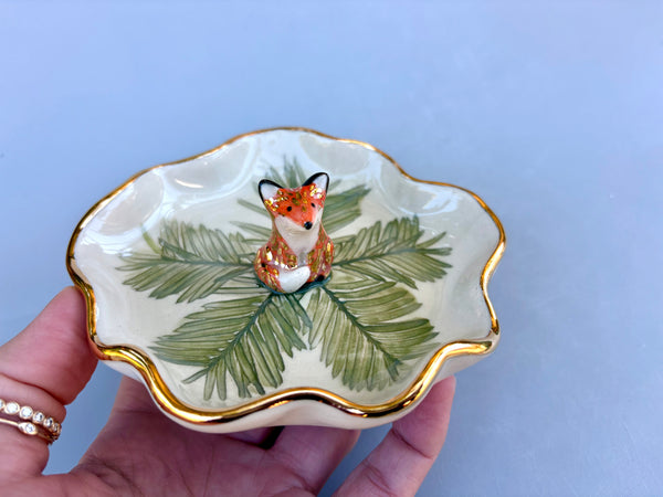 Woodland Spirit Fox on Evergreen Jewelry Holder, Ceramic Dish with Gold Accents - Vuvu Ceramics