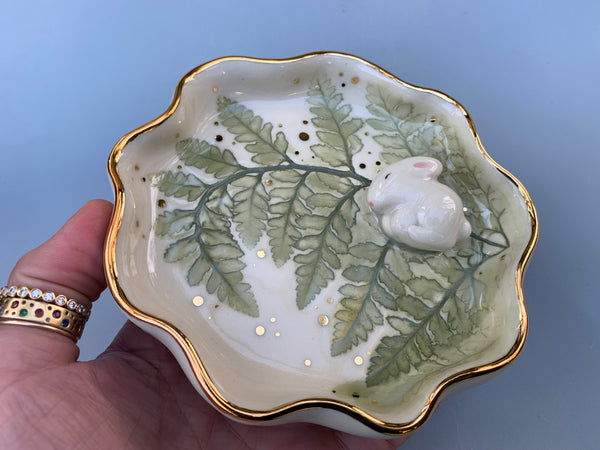 Bunny on Sparkling Fern Jewelry Dish, Ceramic with Real Gold