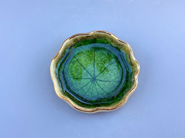 Small Antique Crackle Green Nasturtium Lily Pad, Ceramic Dish with Gold Accents - Vuvu Ceramics