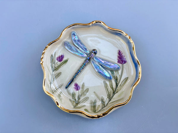 Dragonfly Jewelry Dish with Lavender Flowers, Ceramic Dish with Gold Accents - Vuvu Ceramics