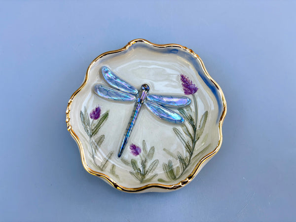 Dragonfly Jewelry Dish with Lavender Flowers, Ceramic Dish with Gold Accents - Vuvu Ceramics