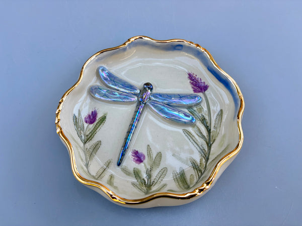 Dragonfly Jewelry Dish with Lavender Flowers, Ceramic Dish with Gold Accents - Vuvu Ceramics