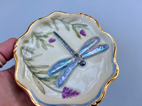 Dragonfly Jewelry Dish with Lavender Flowers, Ceramic Dish with Gold Accents - Vuvu Ceramics