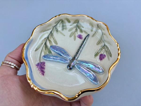 Dragonfly Jewelry Dish with Lavender Flowers, Ceramic Dish with Gold Accents - Vuvu Ceramics