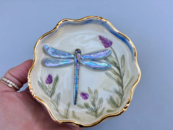 Dragonfly Jewelry Dish with Lavender Flowers, Ceramic Dish with Gold Accents - Vuvu Ceramics