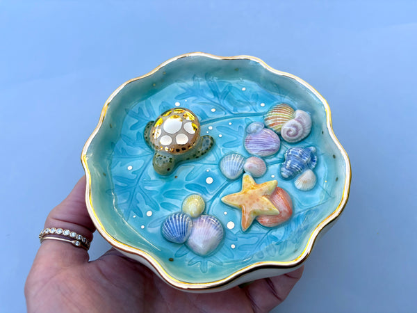 Green Sea Turtle Ocean Jewelry Holder ,  Ceramic Dish with Gold Accents - Vuvu Ceramics