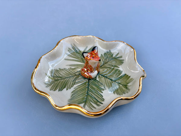 Woodland Spirit Fox on Evergreen Jewelry Holder, Ceramic Dish with Gold Accents - Vuvu Ceramics