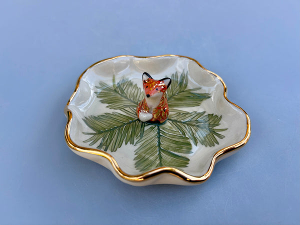 Woodland Spirit Fox on Evergreen Jewelry Holder, Ceramic Dish with Gold Accents - Vuvu Ceramics