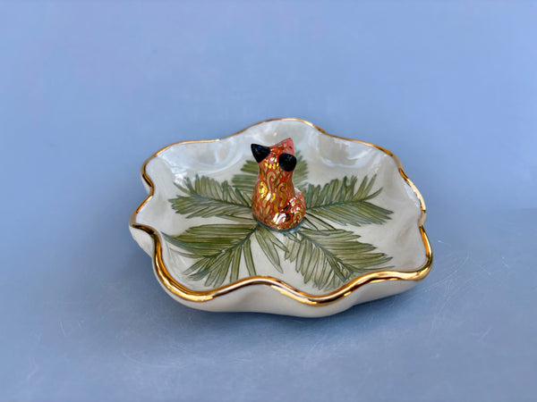 Woodland Spirit Fox on Evergreen Jewelry Holder, Ceramic Dish with Gold Accents - Vuvu Ceramics