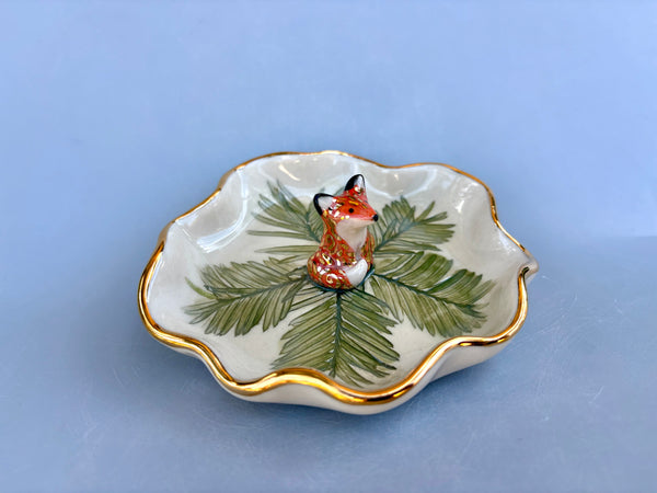 Woodland Spirit Fox on Evergreen Jewelry Holder, Ceramic Dish with Gold Accents - Vuvu Ceramics