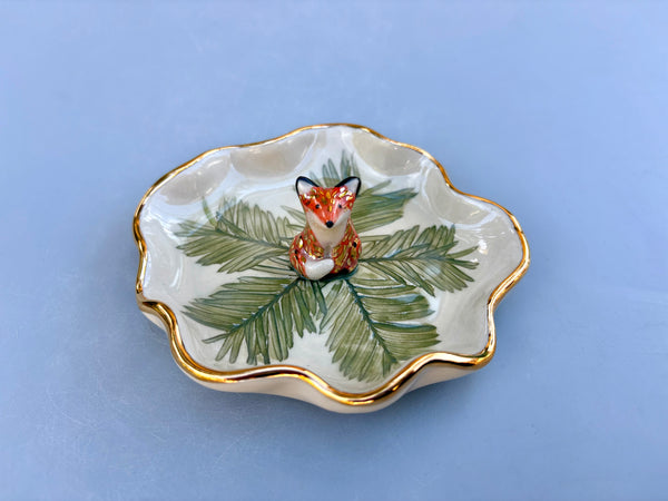 Woodland Spirit Fox on Evergreen Jewelry Holder, Ceramic Dish with Gold Accents - Vuvu Ceramics