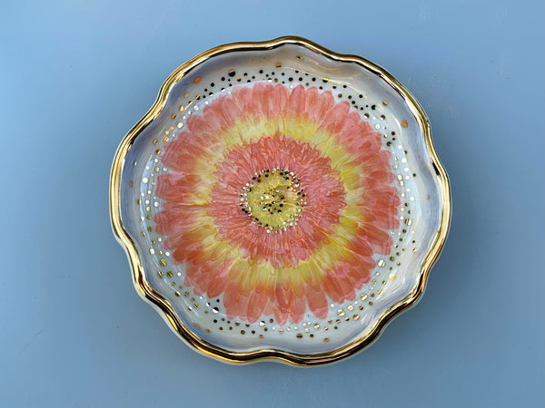 Sunburst Gerbera Daisy Jewelry Dish, Ceramic with Gold Accents