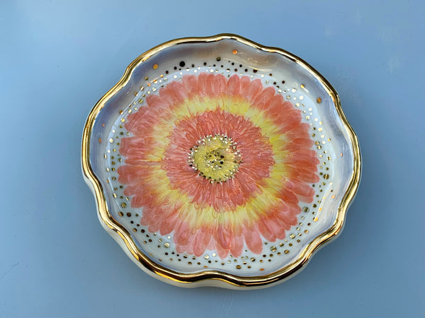 Sunburst Gerbera Daisy Jewelry Dish, Ceramic with Gold Accents