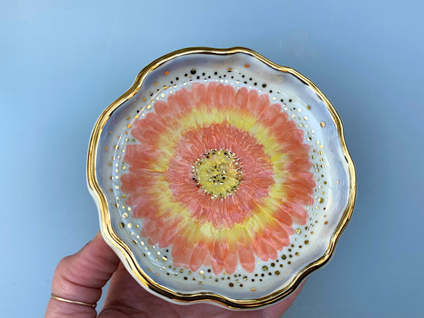 Sunburst Gerbera Daisy Jewelry Dish, Ceramic with Gold Accents