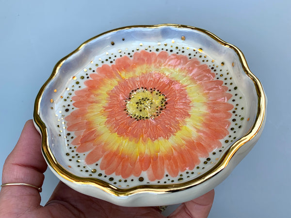 Sunburst Gerbera Daisy Jewelry Dish, Ceramic with Gold Accents