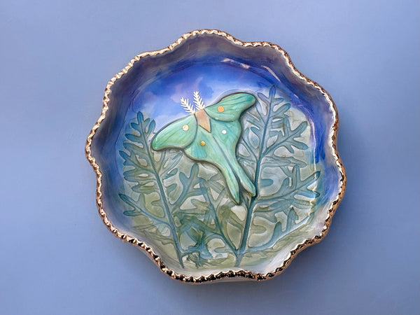 Luna Moth in the Night Sky, Ceramic Dish with Gold Accents - Vuvu Ceramics