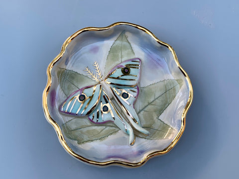 Luna Moth Jewelry Dish with Sweetgum Leaf and Gold Accent