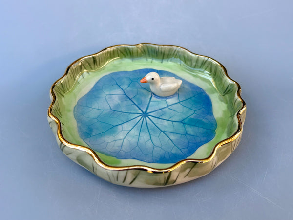 Tiny Duck on A Sparkling Pond, Ceramic Dish with Gold Accents - Vuvu Ceramics