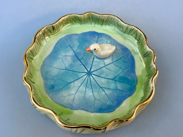 Tiny Duck on A Sparkling Pond, Ceramic Dish with Gold Accents - Vuvu Ceramics