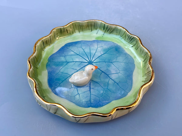 Tiny Duck on A Sparkling Pond, Ceramic Dish with Gold Accents - Vuvu Ceramics