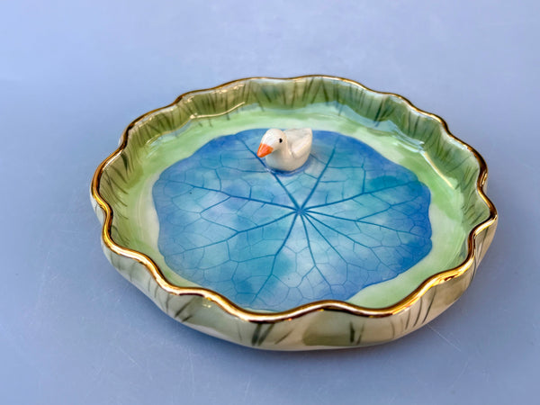 Tiny Duck on A Sparkling Pond, Ceramic Dish with Gold Accents - Vuvu Ceramics