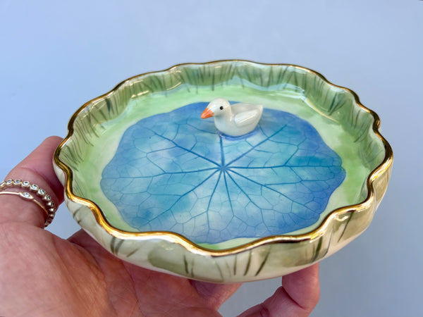 Tiny Duck on A Sparkling Pond, Ceramic Dish with Gold Accents - Vuvu Ceramics