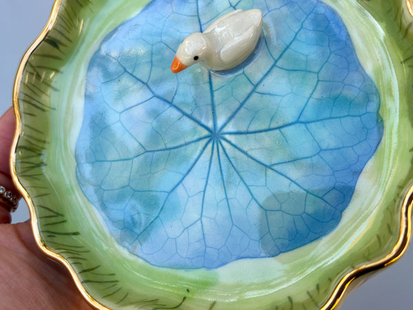 Tiny Duck on A Sparkling Pond, Ceramic Dish with Gold Accents - Vuvu Ceramics