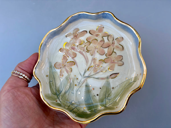 Pink Jasmine Flower Jewelry Holder, Ceramic Dish with Gold Accents - Vuvu Ceramics