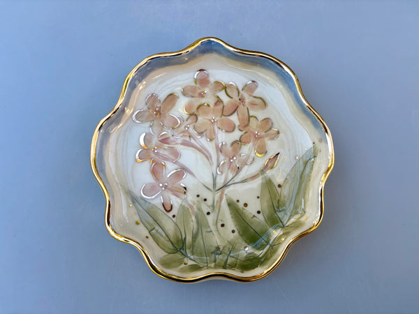 Pink Jasmine Flower Jewelry Holder, Ceramic Dish with Gold Accents - Vuvu Ceramics