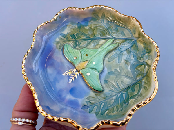 Luna Moth in the Night Sky, Ceramic Dish with Gold Accents - Vuvu Ceramics