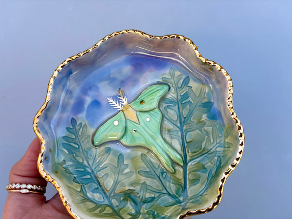 Luna Moth in the Night Sky, Ceramic Dish with Gold Accents - Vuvu Ceramics